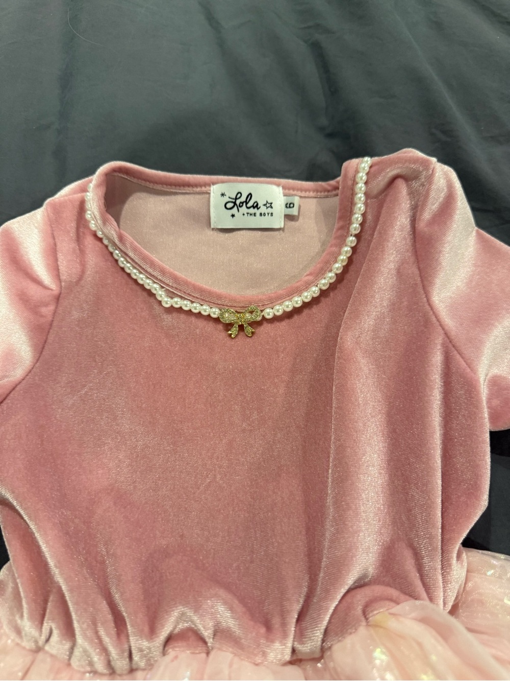 Lola + The Boys Dusty Pink Velvet Dress with Pearl Trim and Gold Bow